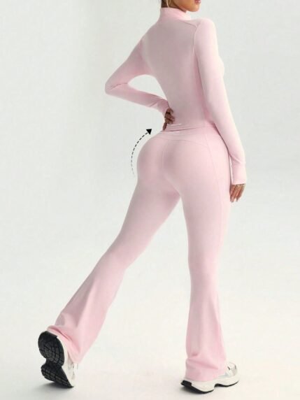 💰Preço[R$155,75] -5% 🛒PinkTip Conjunto Esportivo de Jaqueta e Legging Elástica Sem Costura de Cor Sólida Rosa para Mulheres, Calça Slim-Fit Suave que Levanta o Bumbum, Roupa Esportiva Casual para Uso Diário, Fitness, Exercícios, Corrida, Yoga, Pilates na Primavera 300+ vendido