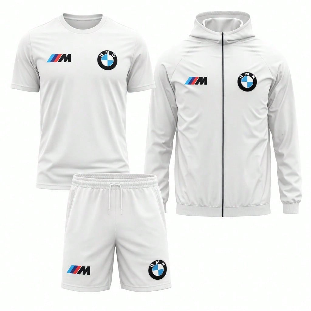 🛒Kit BMW Esportivo Masculino 3 Peças Premium – Camiseta + Short + Corta Vento | Preto, Branco e Preto/Branco | P ao GG