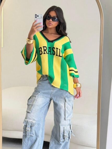 🛒Blusa Tricot Modal Brasil Verde e Amarelo Feminina – Suéter Oversized Manga Flare Estilo Copa World Cup 50+ vendido