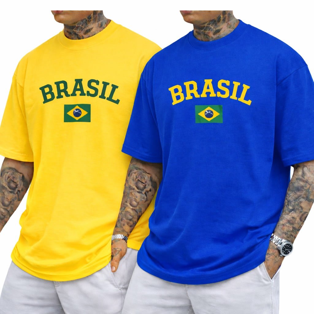 🛒Kit 2 unidade Camiseta Brasil 100% Algodão Linha Premium Camisa Masculina Com Letras Do Brasil Para Copa Do Mundo