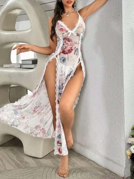 🛒SHEIN Camisola Longa Sexy e Transparente com Fenda Alta e Floral para Mulheres, para Dormir