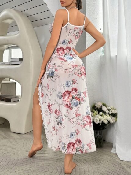 🛒SHEIN Camisola Longa Sexy e Transparente com Fenda Alta e Floral para Mulheres, para Dormir