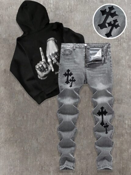 🛒Denim Cinza Streetwear Escolar, Moda Casual Adolescente Y2k Vintage Legal, Retorna à Escola, Faculdade, Preto com Bordado Cruzado, Denim Denim Stretch Cinza Macio para Uso Diário, Inverno, Outono, Rave, Festival e Streetwear