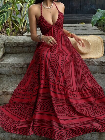 🛒Sunnyshic Vestido com Ajuste na Cintura, Decote V Francês, Estilo de Praia e Férias, Estampa Digital Rosa