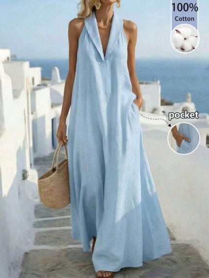 🛒Balvessa Vestido Solto, Elegante, Retrô, Relaxado, de Férias, Estilo Ilha, Viagem, Sem Mangas, Modelo A-Line para Mulheres 50+ vendido