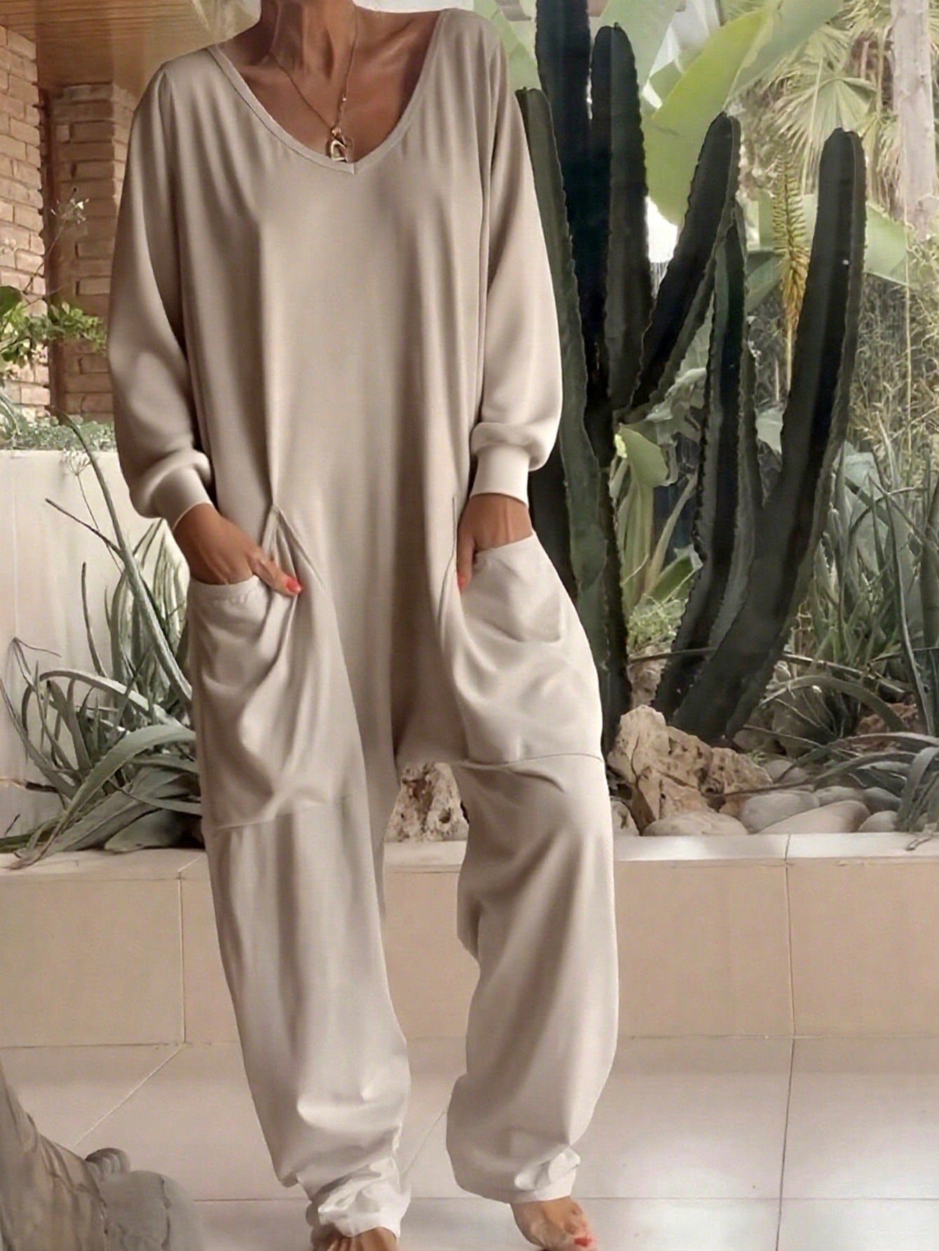 🛒1 Peça Macacão de Malha de Cor Sólida com Bolsos, Manga Longa, Adequado para Férias, Casamento, Férias, Uso Casual Diário, Elegante no Outono/Inverno Primavera