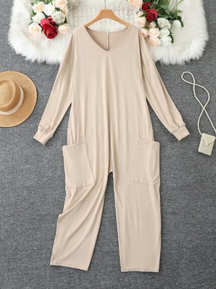 🛒1 Peça Macacão de Malha de Cor Sólida com Bolsos, Manga Longa, Adequado para Férias, Casamento, Férias, Uso Casual Diário, Elegante no Outono/Inverno Primavera