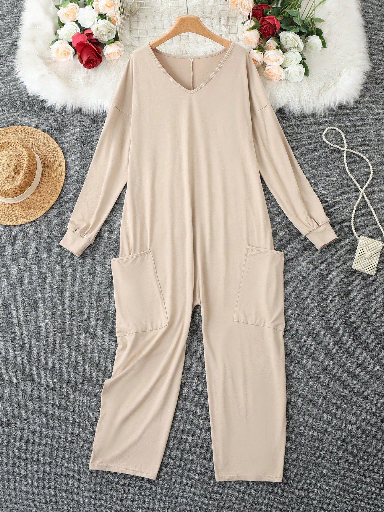 🛒1 Peça Macacão de Malha de Cor Sólida com Bolsos, Manga Longa, Adequado para Férias, Casamento, Férias, Uso Casual Diário, Elegante no Outono/Inverno Primavera - Imagem 2