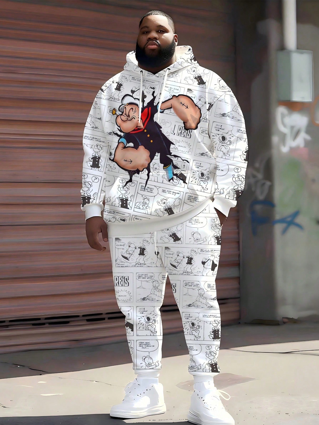 🛒Conjunto de Moletom Zhuya "Cool Sailor All-Over Print" com Cores Contrastantes, Plus Size, para Homens, para Primavera e Outono, Moletom Folgado com Capuz + Calça Jogger, Roupa Casual de Streetwear, Looks Confortáveis