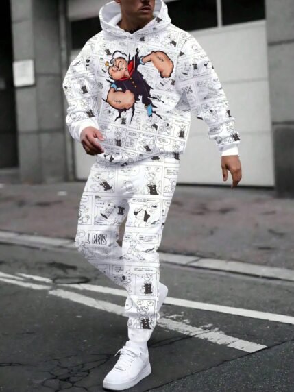 🛒Conjunto de Moletom Zhuya “Cool Sailor All-Over Print” com Cores Contrastantes, Plus Size, para Homens, para Primavera e Outono, Moletom Folgado com Capuz + Calça Jogger, Roupa Casual de Streetwear, Looks Confortáveis