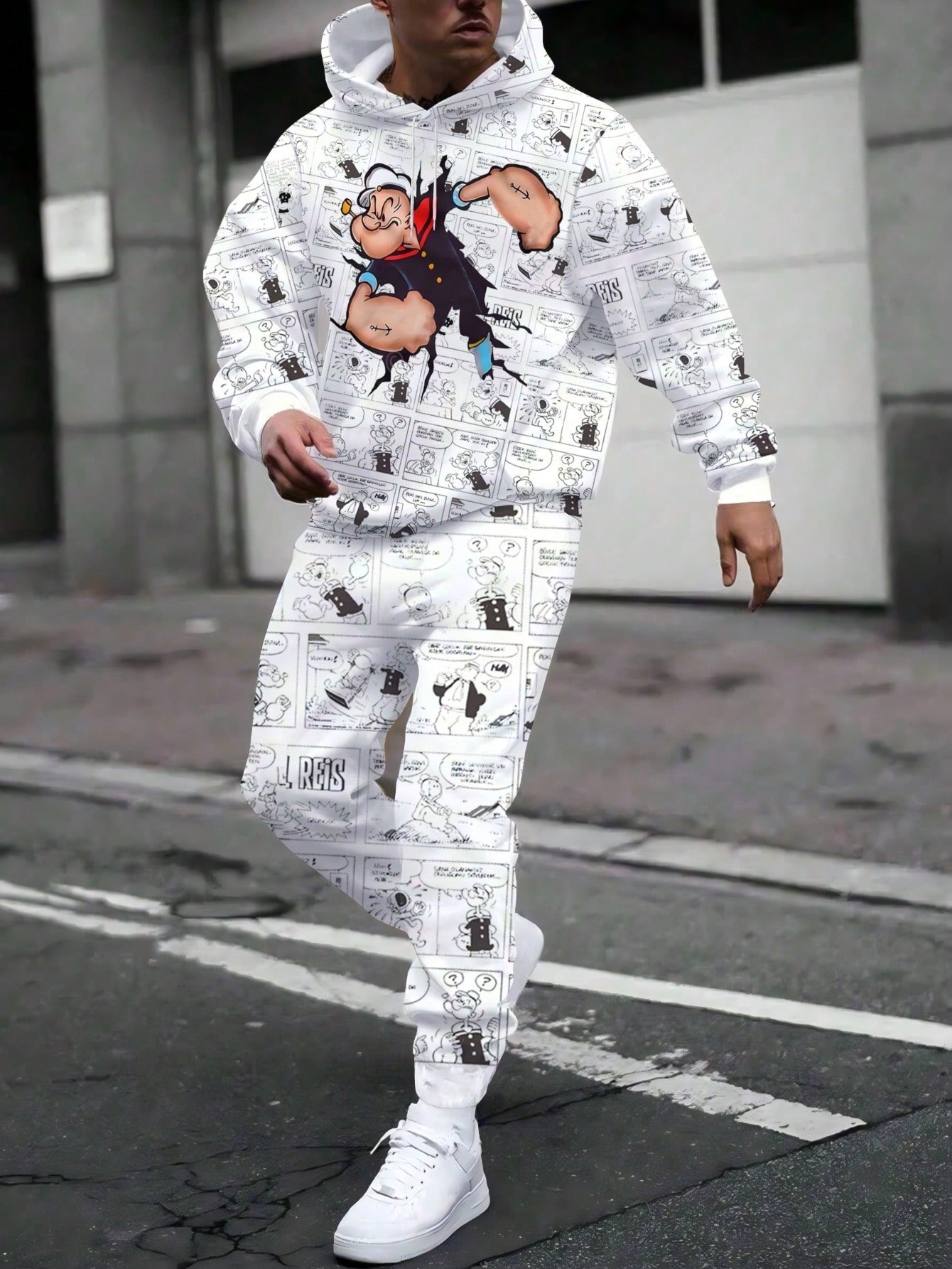 🛒Conjunto de Moletom Zhuya "Cool Sailor All-Over Print" com Cores Contrastantes, Plus Size, para Homens, para Primavera e Outono, Moletom Folgado com Capuz + Calça Jogger, Roupa Casual de Streetwear, Looks Confortáveis - Imagem 2