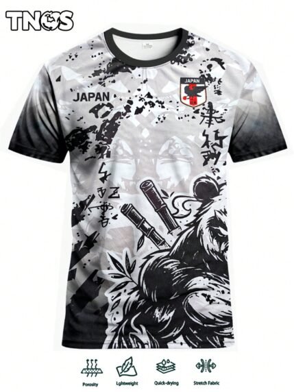 🛒Camisa de Futebol Estilo Anime Japonês para Homens e Camisa Esportiva de Gola Redonda com Padrão de Guerreiro Panda, Tecido Tricotado Respirável e Absorvente de Suor, com Estampa de Padrão Panda e Cultura Samurai Japonesa, Adequada para Treinos da Seleção Nacional do Japão e Uso Casual, com Significado Comemorativo para Fãs Japoneses, Branca, Esportes de Primavera