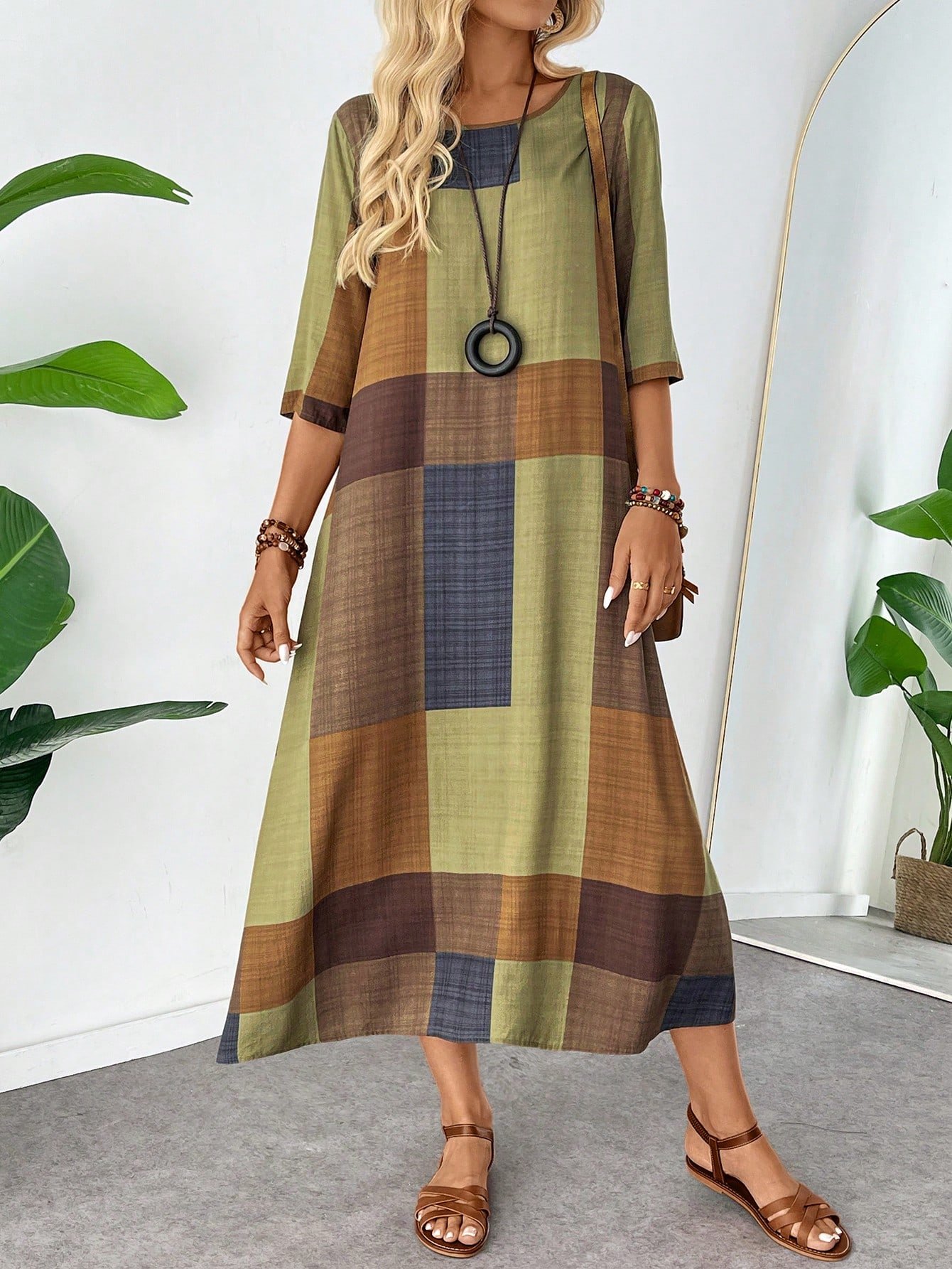 🛒Breezaya Vestido Casual Midi Solto de Manga 3/4 Estampa Color Block para Mulheres, Conjunto Longo Feminino - Imagem 3