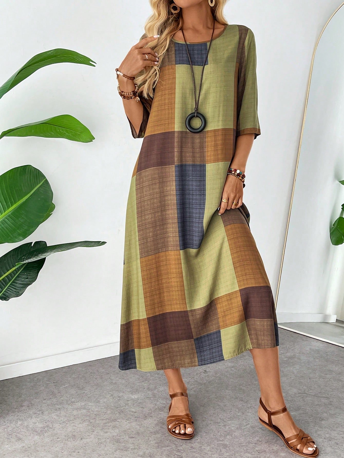 🛒Breezaya Vestido Casual Midi Solto de Manga 3/4 Estampa Color Block para Mulheres, Conjunto Longo Feminino - Imagem 4