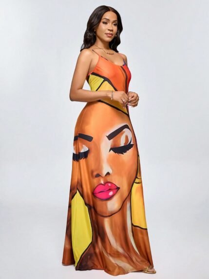🛒Lunelith SHEIN Lunessa Vestido de Alça Fina Estampado, Estilo Casual de Férias, para Mulheres, Modelo Longo para Primavera e Verão