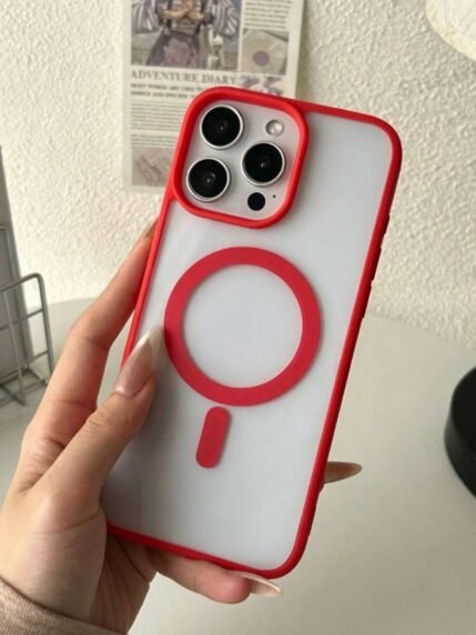 🛒Capa Protetora de Carregamento Magnético Macio com Borda Vermelha Brilhante Transparente | Compatível com MagSafe, À Prova de Choque Ultra-Fina, Para iPhone