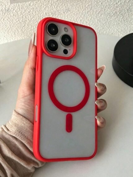 🛒Capa Protetora de Carregamento Magnético Macio com Borda Vermelha Brilhante Transparente | Compatível com MagSafe, À Prova de Choque Ultra-Fina, Para iPhone